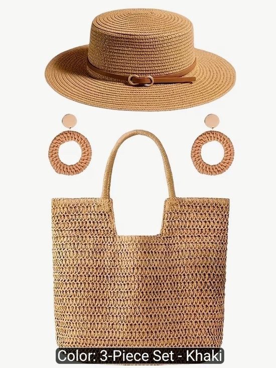 None Handbags - Khaki Woven Straw Tote Bag - Women's Summer Beach Tote